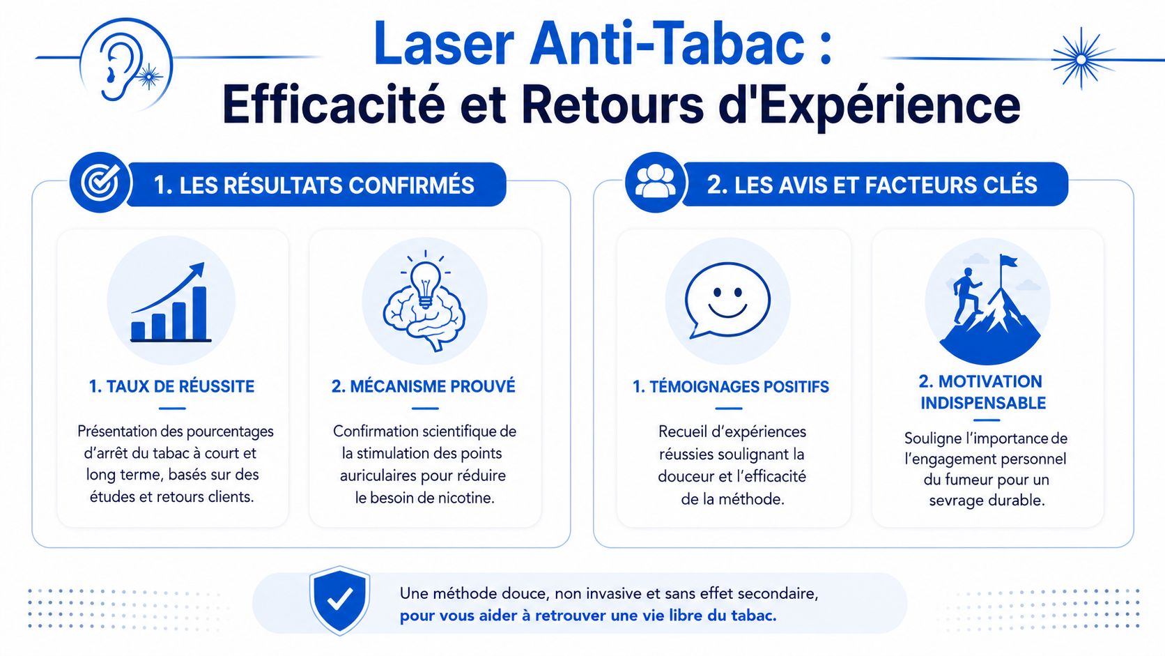Infographie présentant l'efficacité et les retours d'expérience de la méthode laser pour arrêter de fumer.