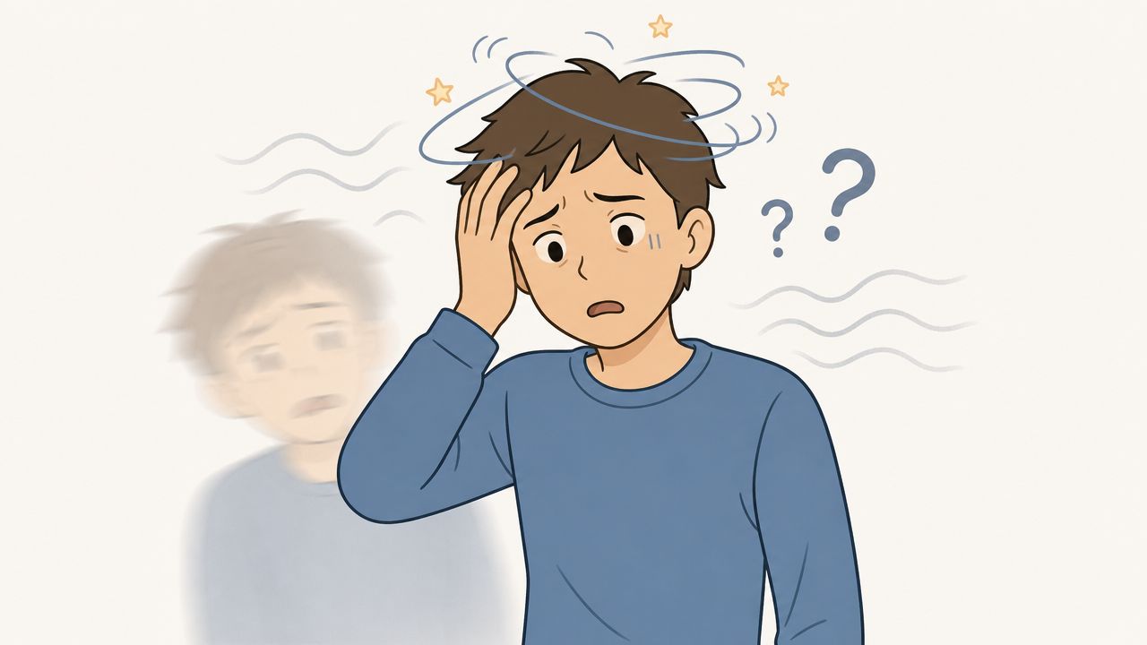 Une illustration montrant un jeune homme souffrant de vertiges et de confusion, symbolisant des effets secondaires potentiels.