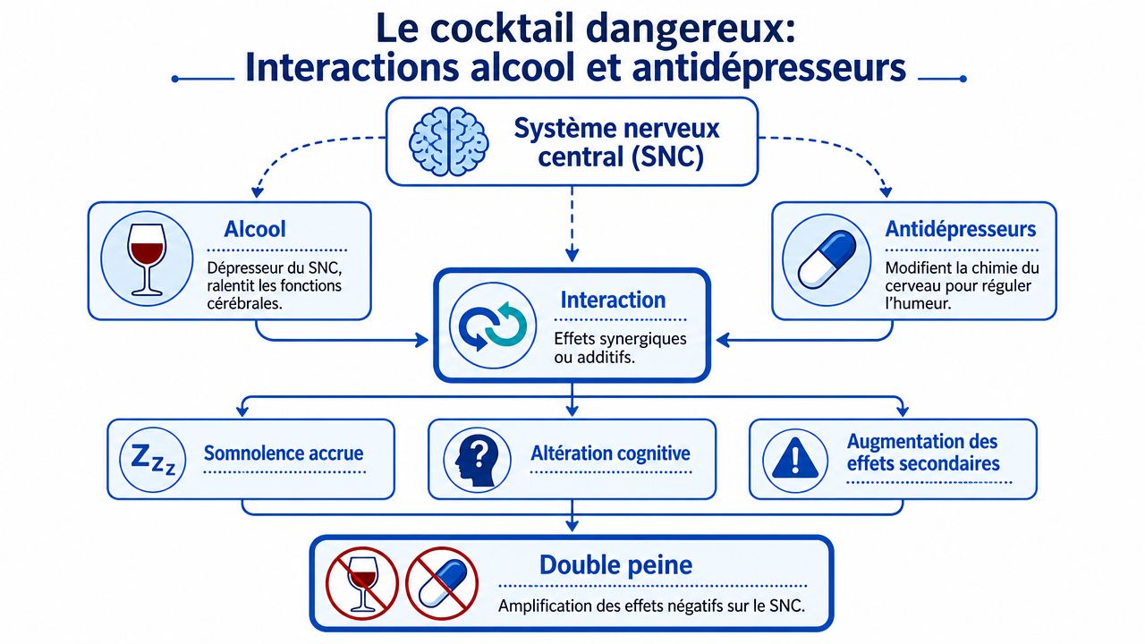 Schéma explicatif illustrant les dangers et les effets secondaires de l'interaction entre l'alcool et les antidépresseurs.