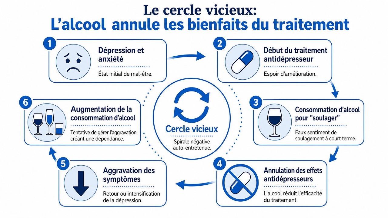 Infographie illustrant le cercle vicieux de l'interaction négative entre la consommation d'alcool et le traitement antidépresseur.