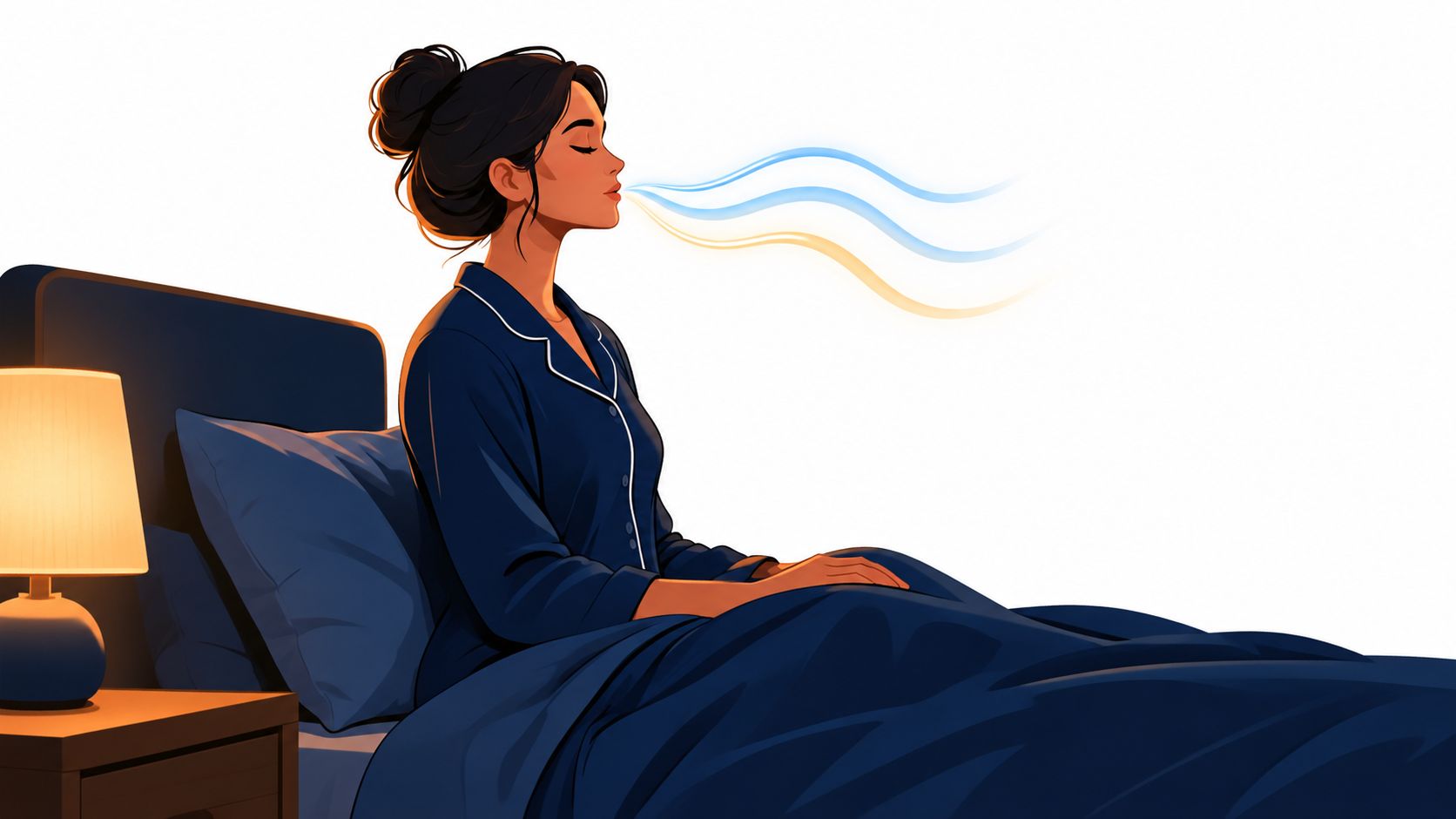 Anxiété et insomnie : briser le cercle vicieux 3 Une femme calme pratiquant des exercices de respiration dans son lit pour réduire son anxiété et son insomnie.
