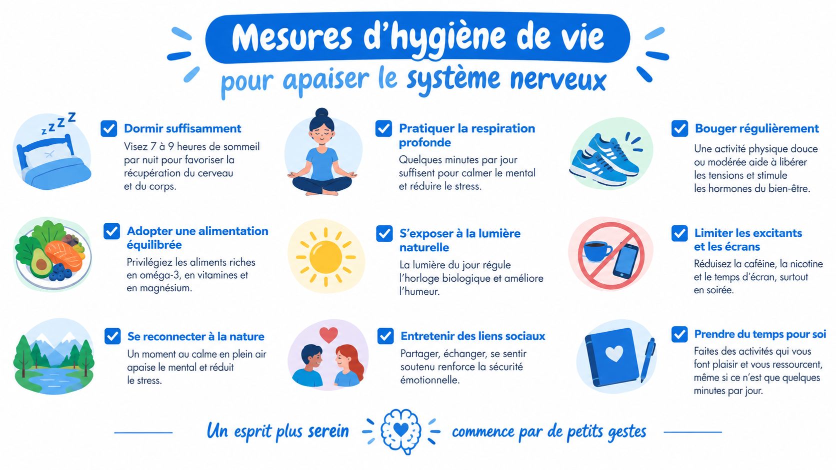 Anxiété et insomnie : briser le cercle vicieux 2 Infographie illustrant des conseils de mode de vie sains pour apaiser et calmer le système nerveux quotidiennement.