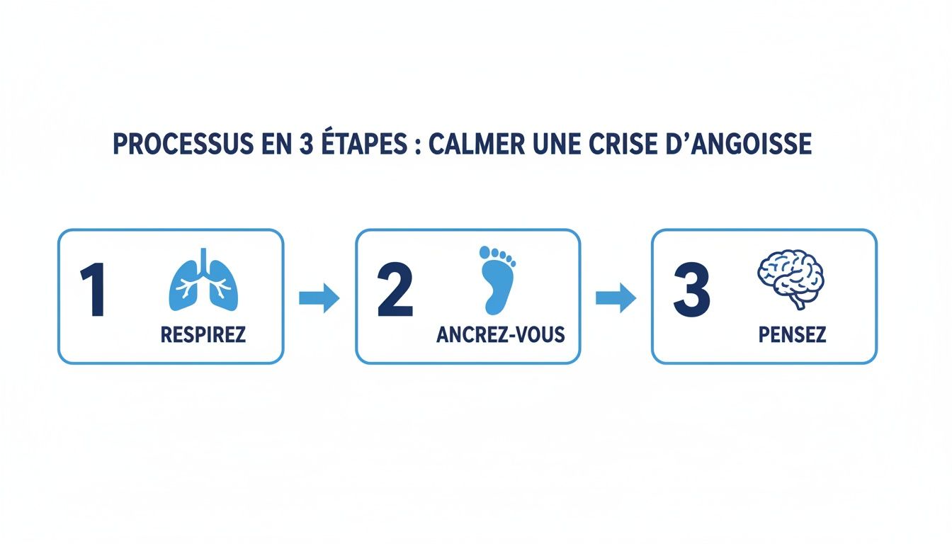 Illustration d'un processus en 3 étapes pour calmer une crise d'angoisse : respirez, ancrez-vous, pensez.