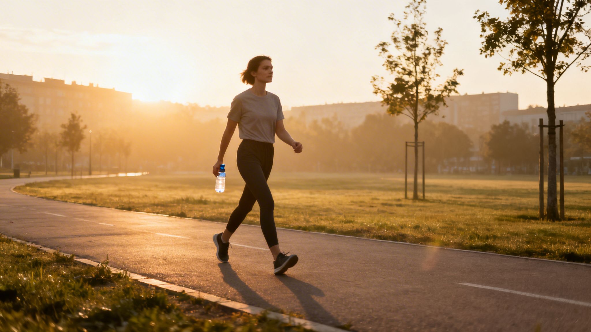 Une femme marche sur un sentier ensoleillé dans un parc au lever du soleil, tenant une bouteille d'eau.