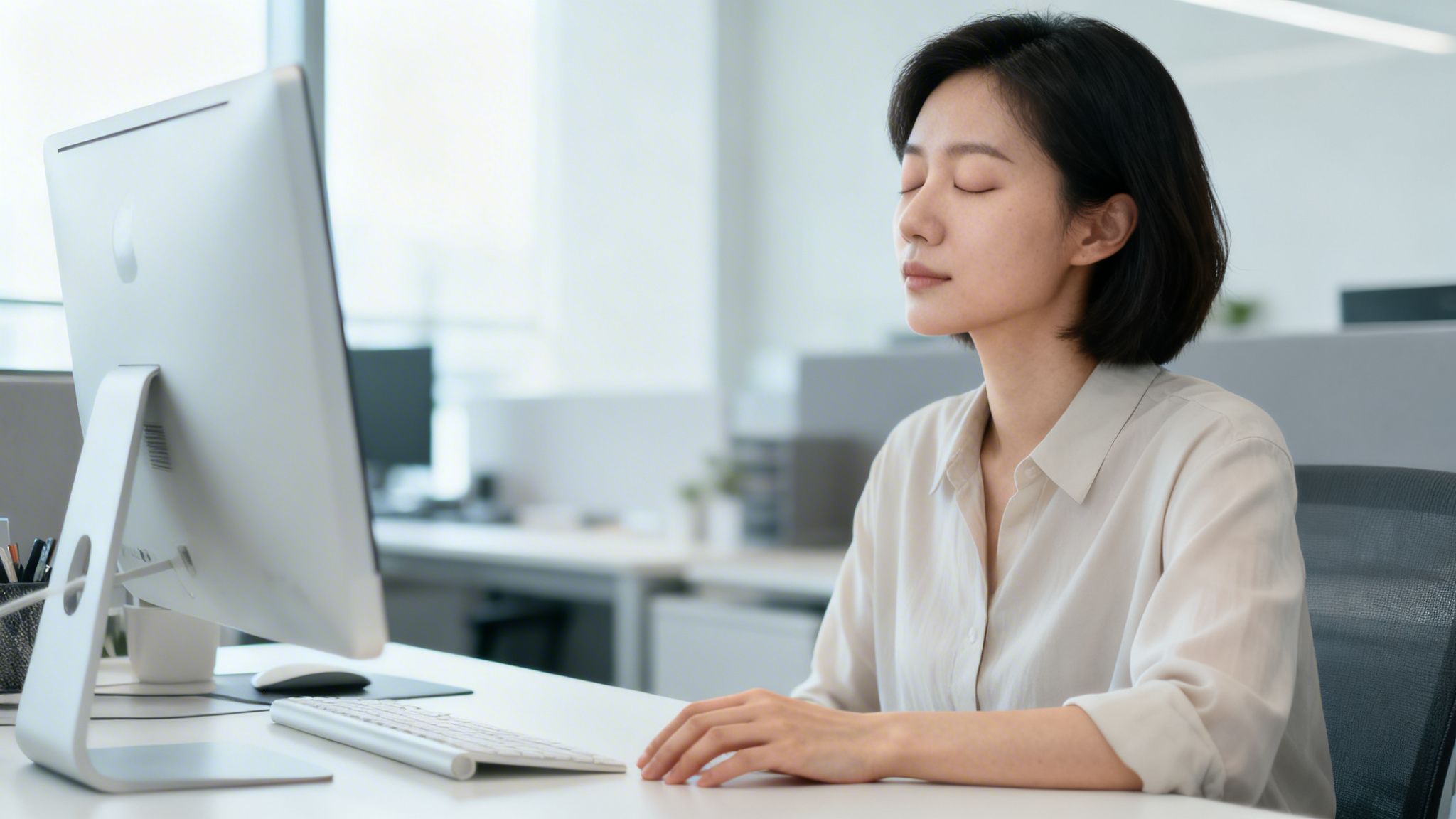 Une femme au bureau médite, les yeux fermés, près d'un ordinateur. Détente au travail.