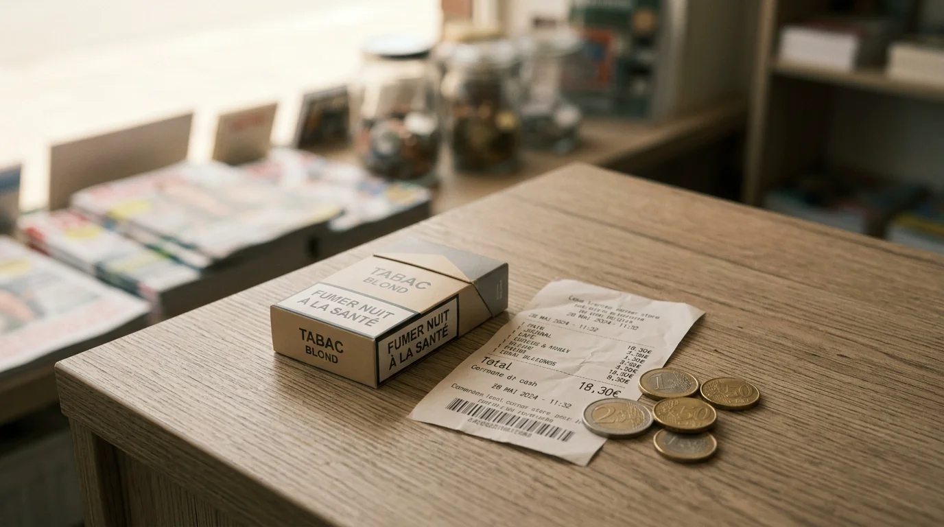 Paquet de cigarettes, ticket de caisse et pièces en euros sur un comptoir