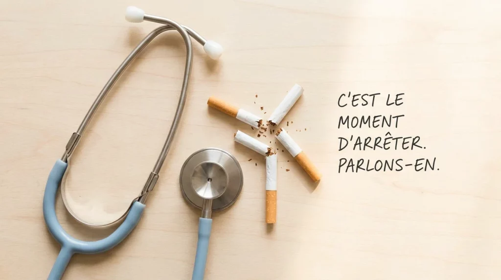 Tabac et maladies du cœur : comprendre les risques et agir 3 Stéthoscope et cigarettes brisées symbolisant le lien entre tabac et santé cardiaque