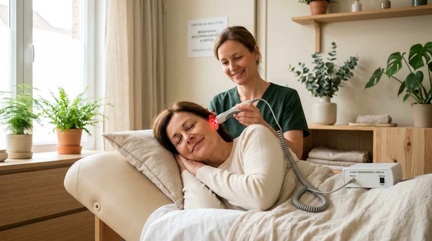 Personne détendue lors d'une séance d'auriculothérapie laser pour arrêter de fumer