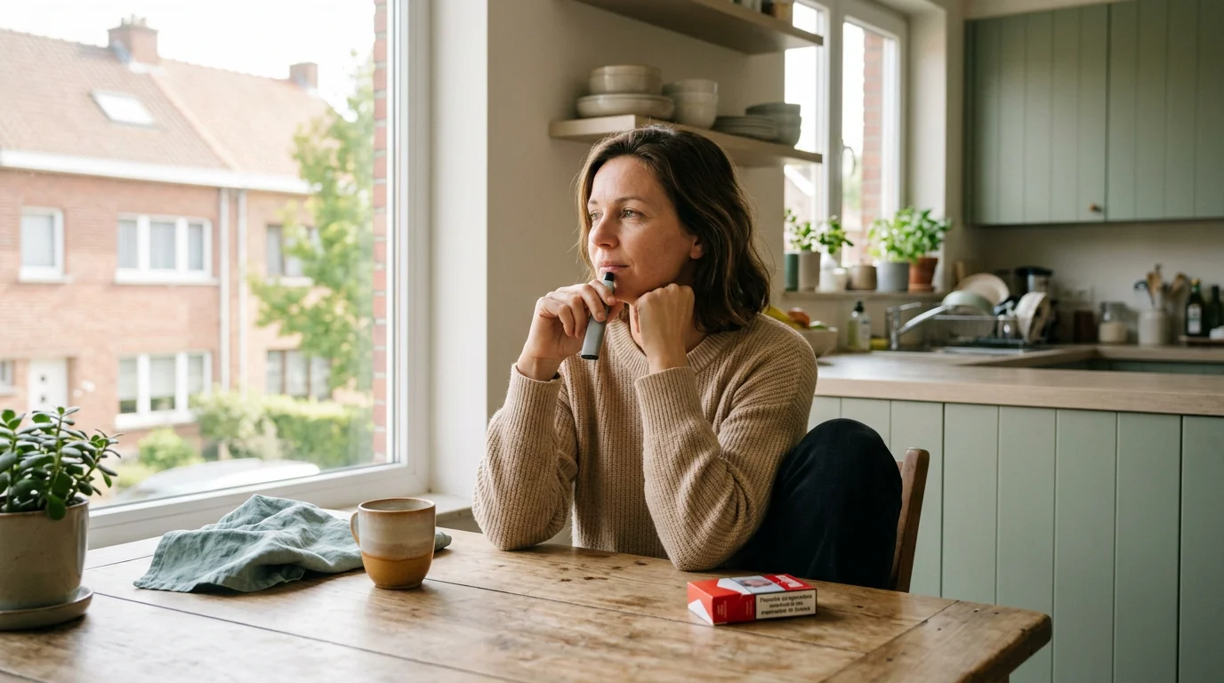 Personne pensive tenant une cigarette électronique à côté d'un paquet de tabac