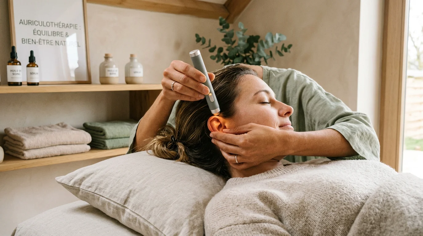Séance d'auriculothérapie laser appliquée en douceur sur l'oreille d'un patient détendu