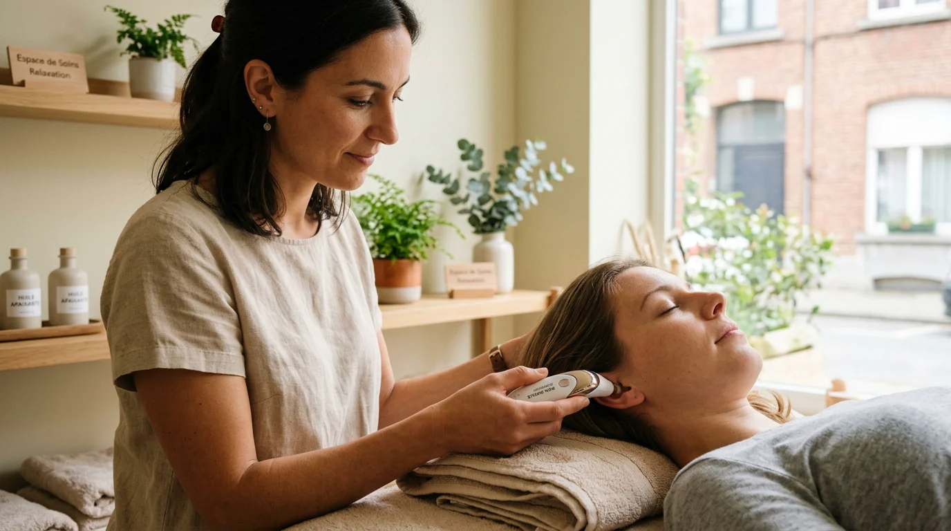 Hypnose pour arrêter de fumer à Bruxelles : guide 2026 2 Praticien appliquant un appareil près de l'oreille d'un patient détendu
