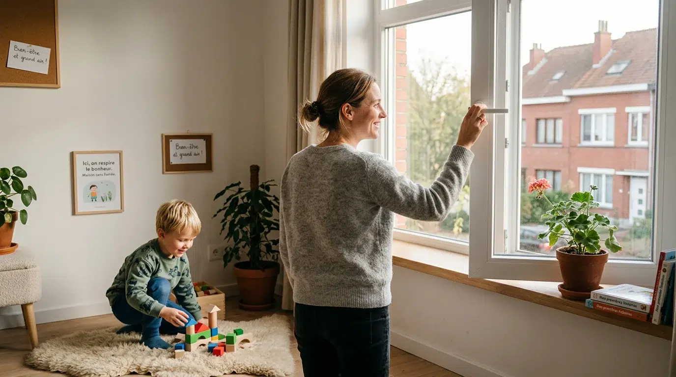 Parent aérant son domicile pour protéger son enfant de la fumée