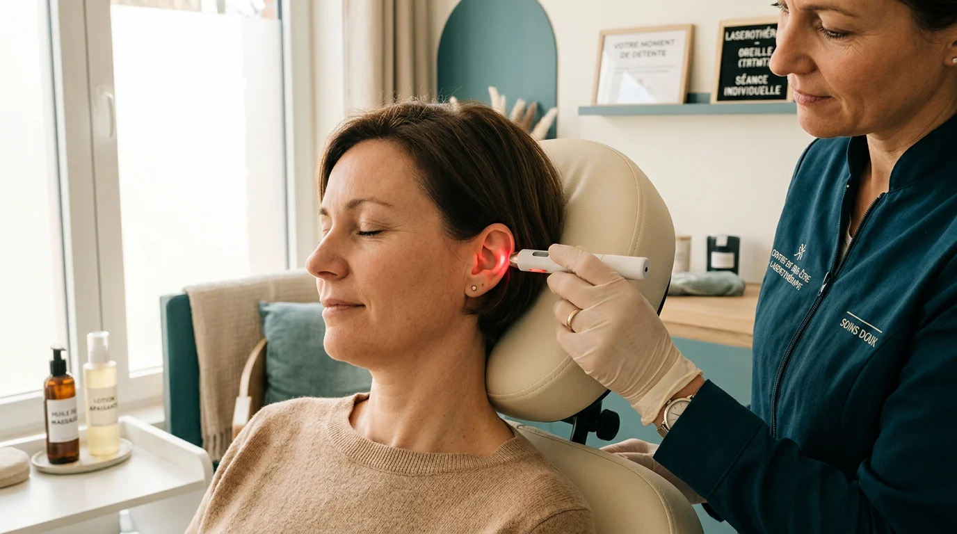 Séance d'auriculothérapie laser sur l'oreille dans un cabinet lumineux