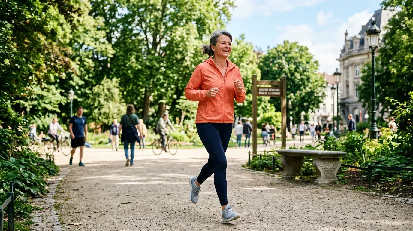 Femme souriante courant dans un parc après avoir arrêté de fumer