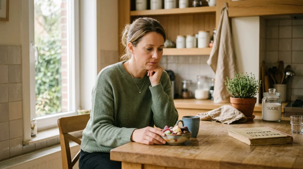Personne hésitant devant un bol de sucreries dans une cuisine lumineuse