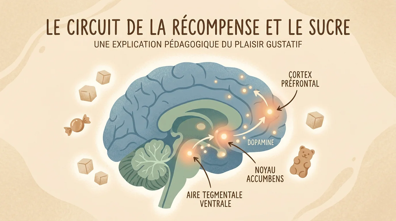 Illustration du circuit de la récompense activé par le sucre dans le cerveau