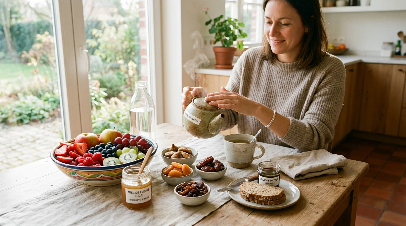 Alternatives naturelles au sucre disposées sur une table de cuisine lumineuse