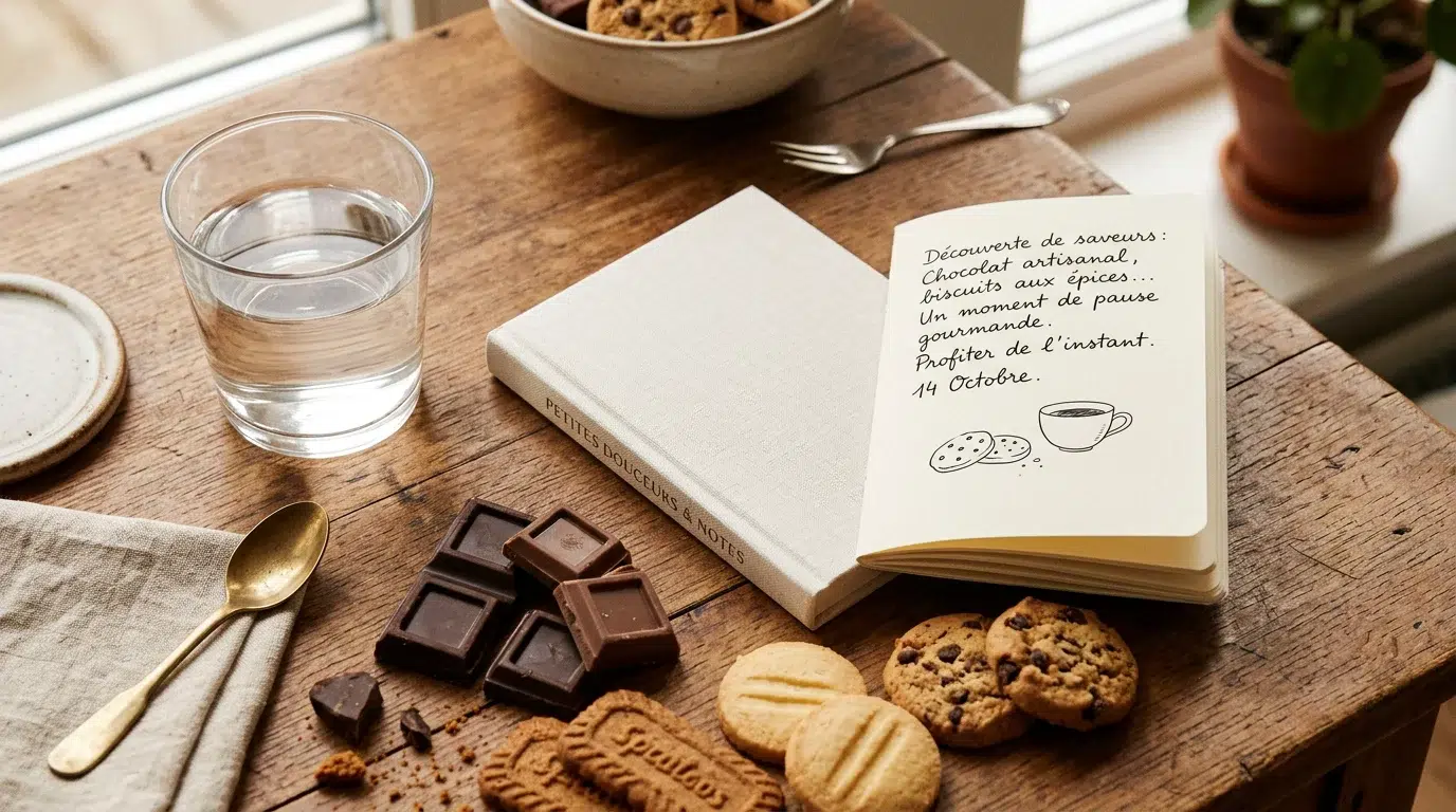 Aliments sucrés réconfortants disposés à côté d'un verre d'eau et d'un carnet