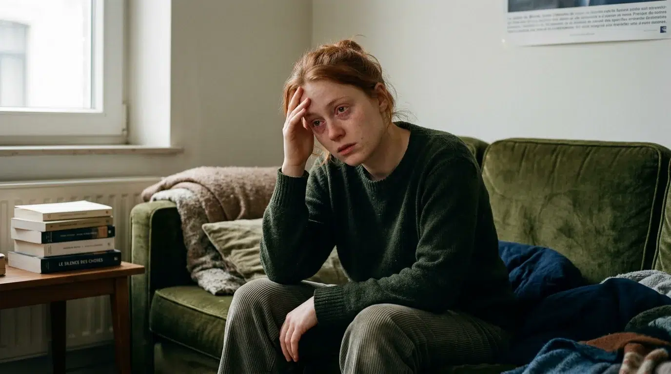 Jeune adulte fatigué et anxieux ressentant les effets à court terme du cannabis