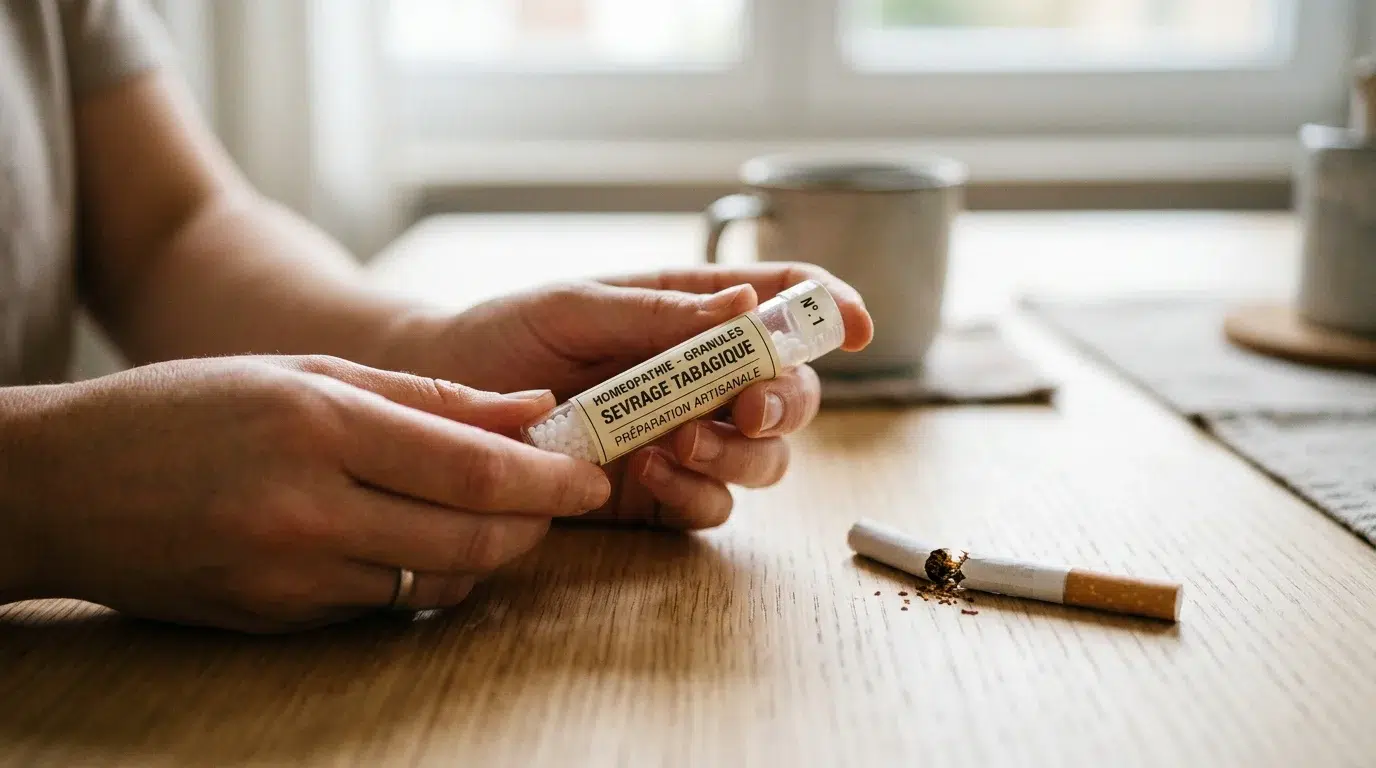Homéopathie pour arrêter de fumer : ce qu'il faut savoir 1 Granules homéopathiques et cigarette cassée sur une table en bois clair