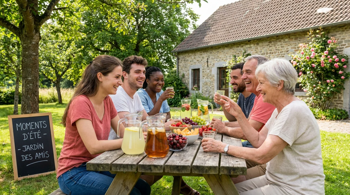 Groupe d'amis profitant d'un pique-nique sans tabac dans un jardin en Belgique