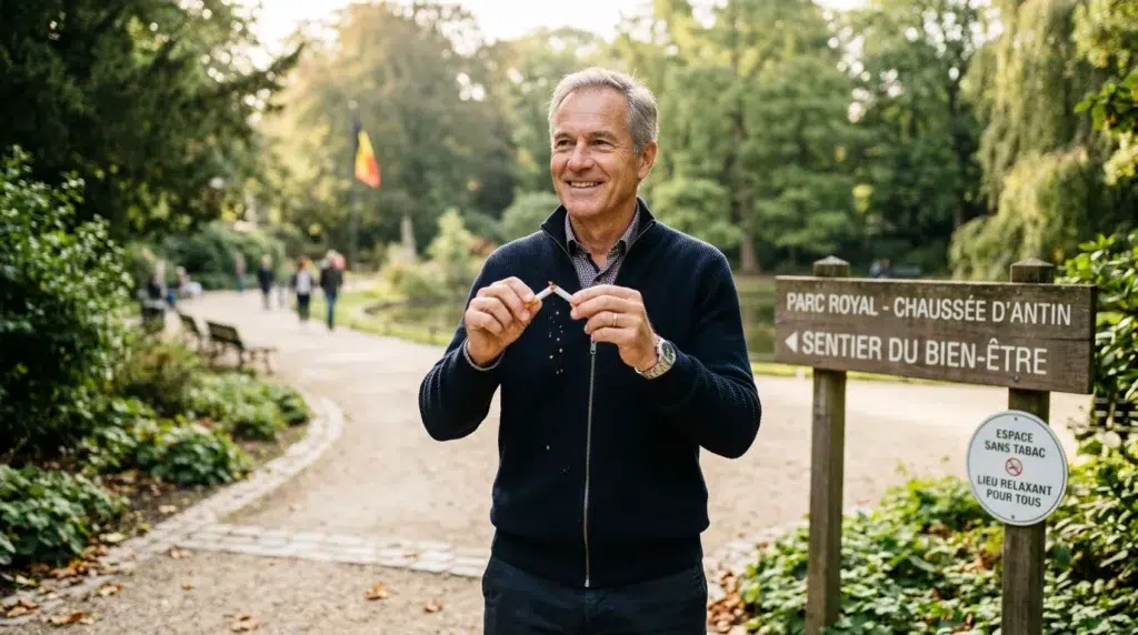 Homme souriant cassant une cigarette en deux dans un parc