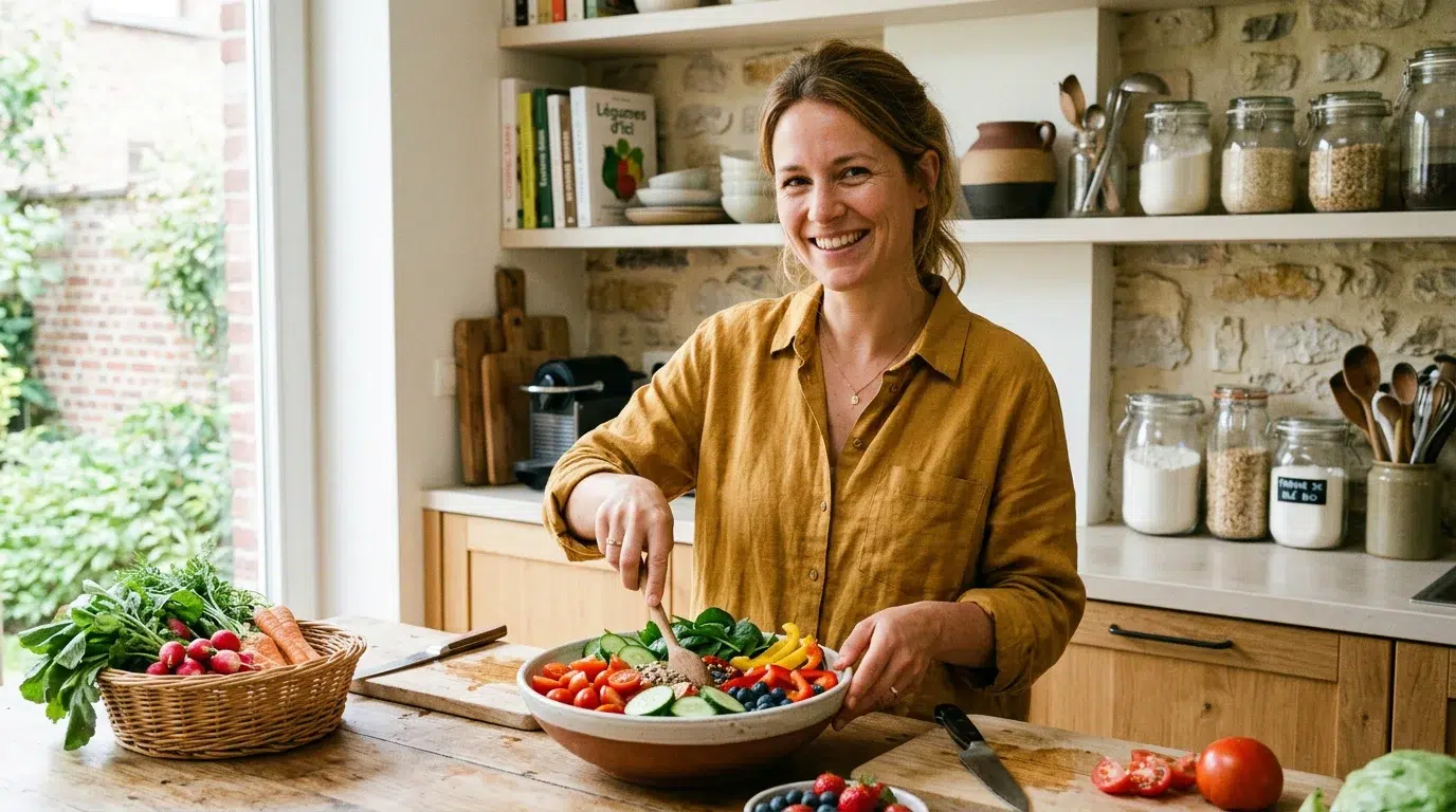 Femme préparant une collation saine de fruits et légumes dans sa cuisine