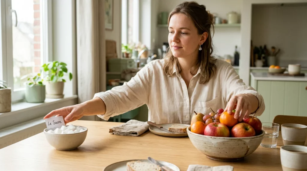 Stop au sucre : le guide 2026 pour réduire en douceur 4 Une personne choisissant des fruits frais plutôt que du sucre