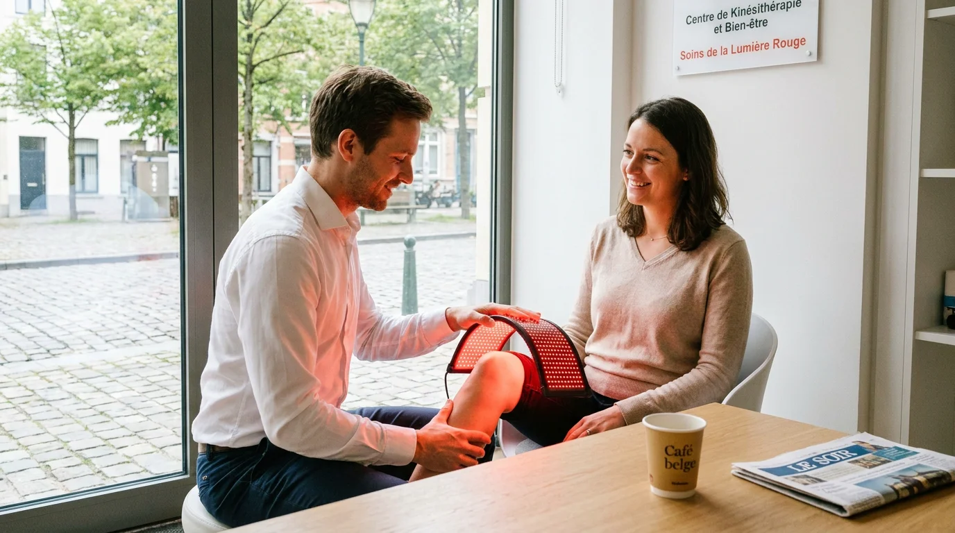 La photobiomodulation : une lumière douce au service du bien-être 2 Séance de thérapie par lumière rouge appliquée sur un patient dans un cabinet en Belgique