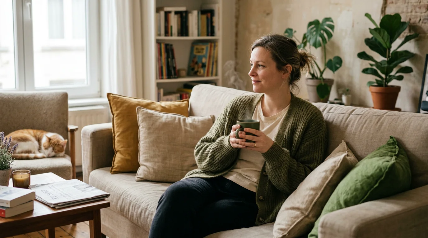 Personne fatiguée mais apaisée gérant les effets du sevrage tabagique avec une tisane
