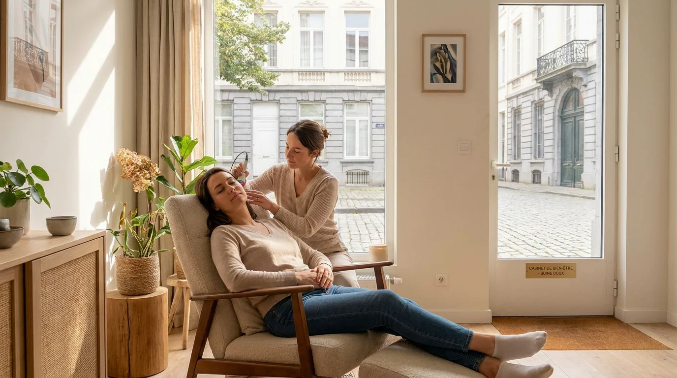 Séance d'auriculothérapie laser dans un cabinet en Belgique
