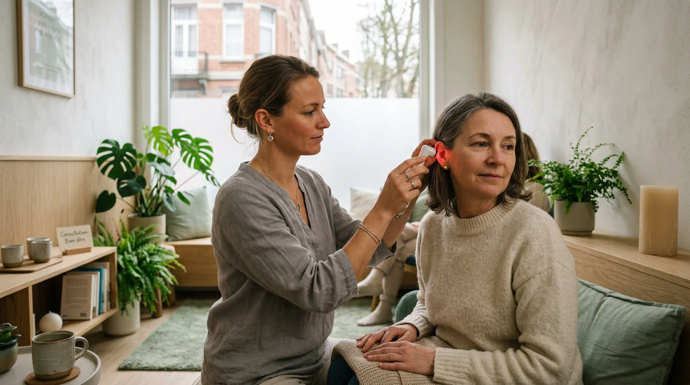 Laserostop en Belgique : quelles alternatives aujourd'hui ? 1 Séance d'auriculothérapie laser au niveau de l'oreille dans un centre en Belgique