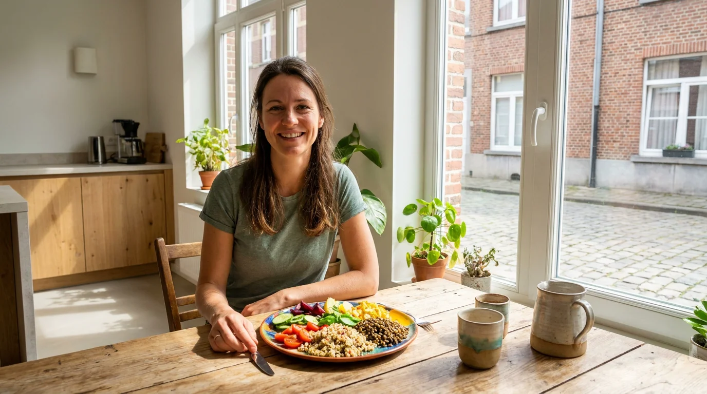 Femme souriante devant un repas équilibré après une séance d'auriculothérapie laser