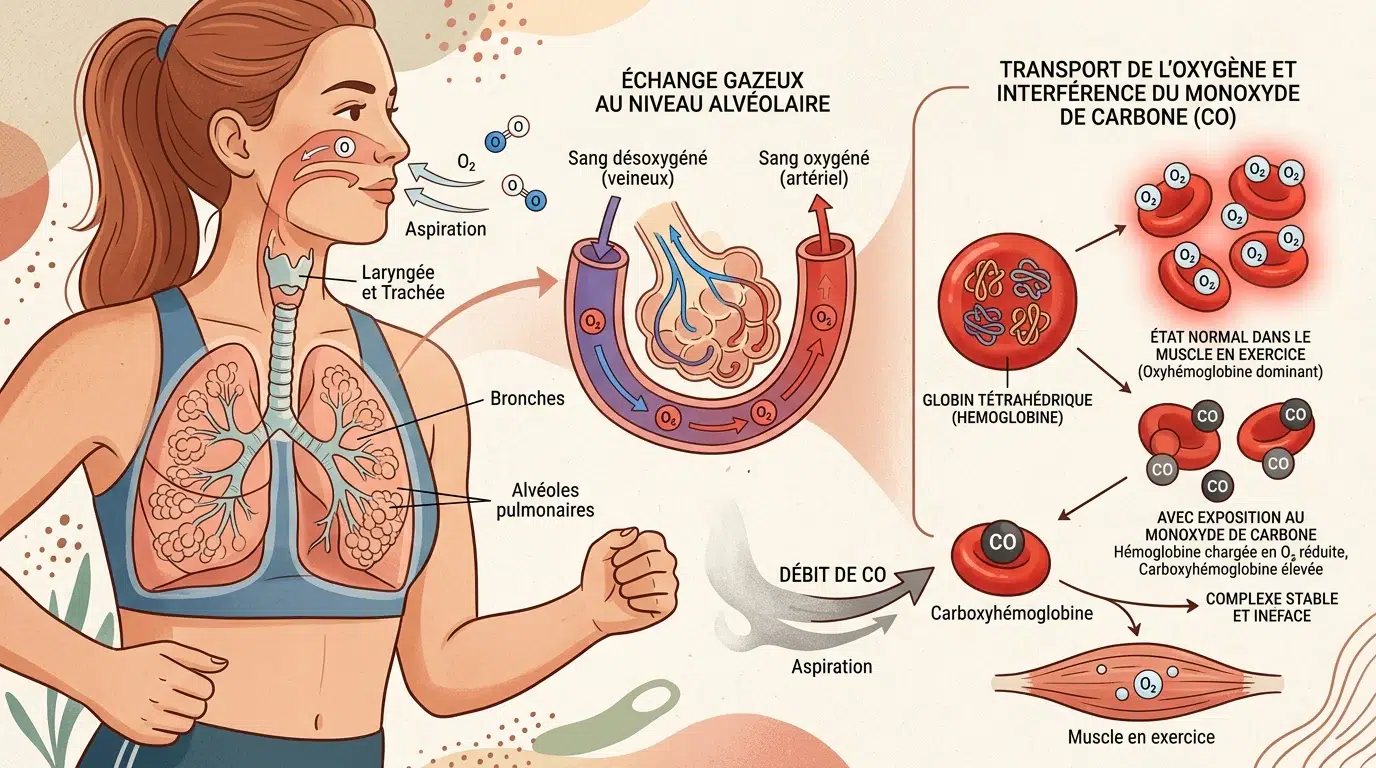 Schéma illustrant l'effet du monoxyde de carbone sur l'oxygénation des muscles pendant l'effort