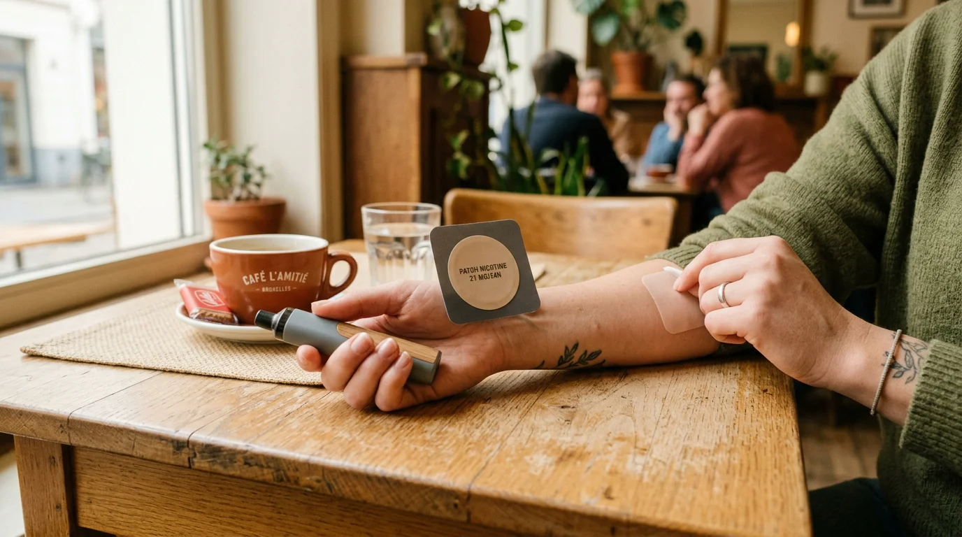 Cigarette électronique et patch nicotine posés sur une table en bois