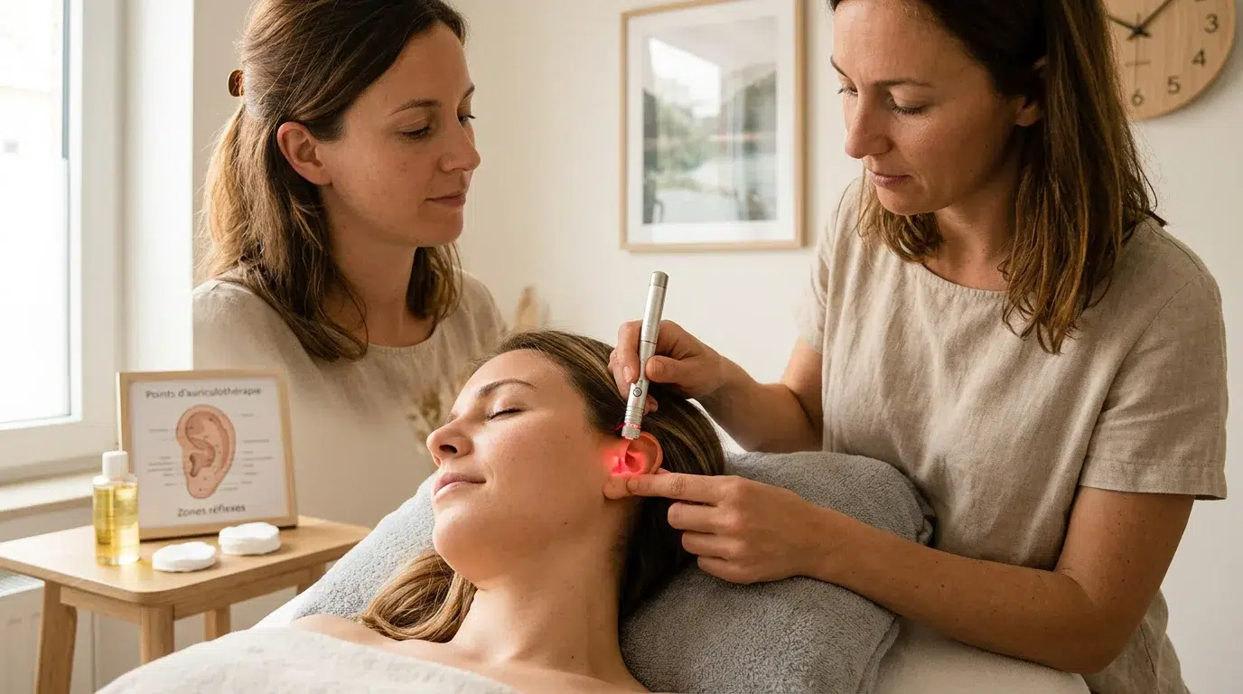 Séance d'auriculothérapie laser appliquée sur l'oreille pour arrêter de fumer
