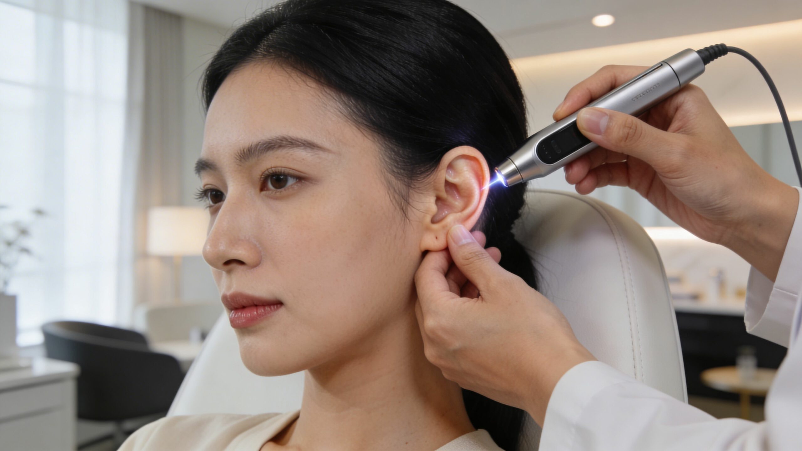 Une praticienne réalise un traitement par auriculothérapie sur une patiente dans un cabinet médical moderne et lumineux.