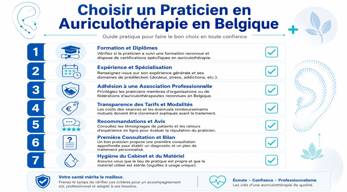 Infographie présentant sept conseils essentiels pour bien choisir un praticien en auriculothérapie en Belgique.