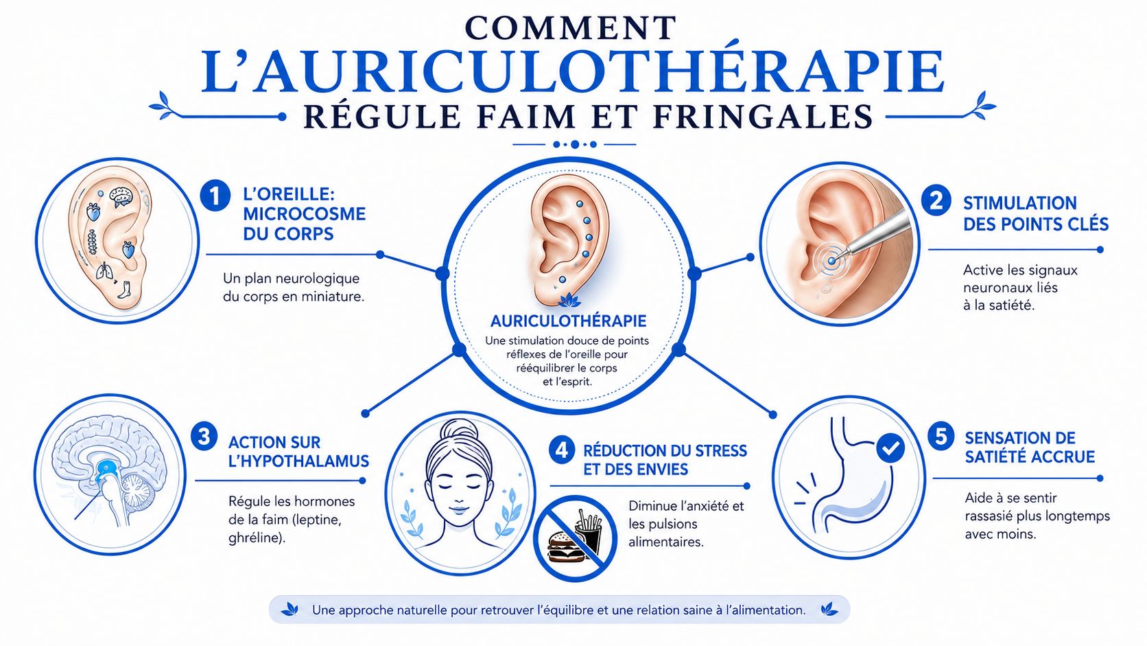 Infographie explicative sur le fonctionnement de l'auriculothérapie pour réguler l'appétit et favoriser la perte de poids naturelle.