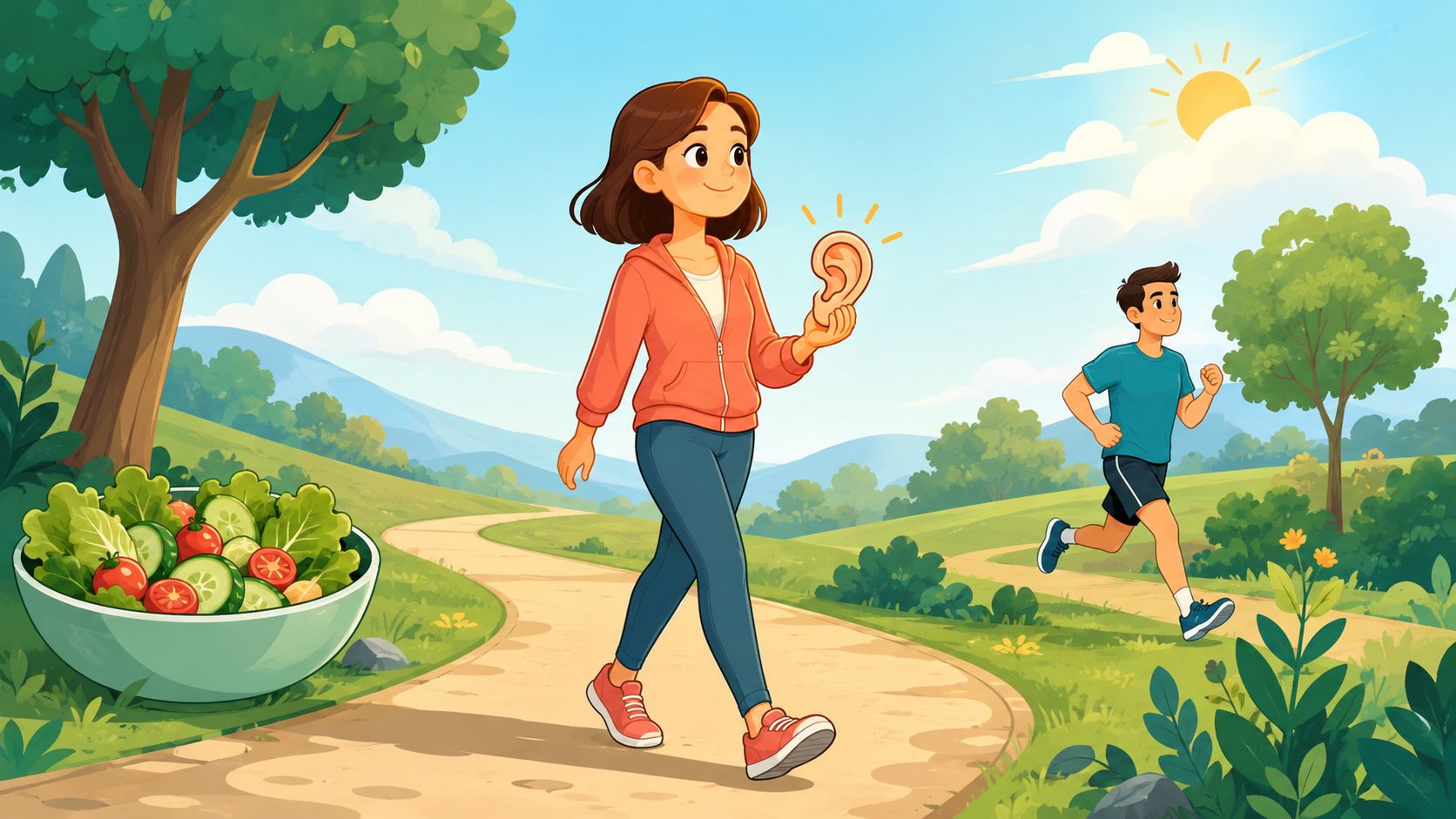 Une femme marche dans un parc en tenant une oreille symbolisant l'auriculothérapie pour la perte de poids.