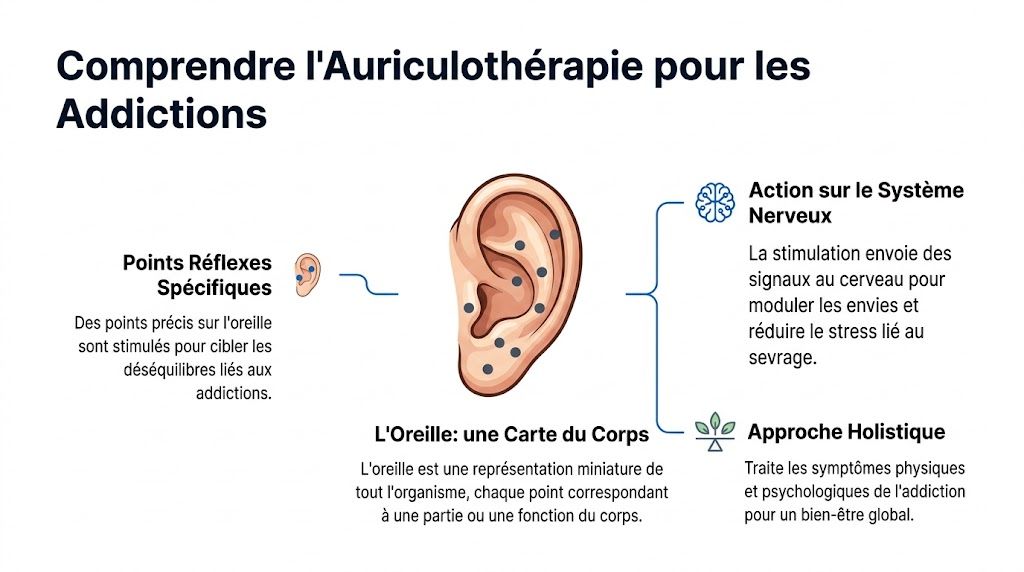 Infographie explicative sur l'auriculothérapie montrant comment stimuler des points spécifiques sur l'oreille pour traiter les addictions.