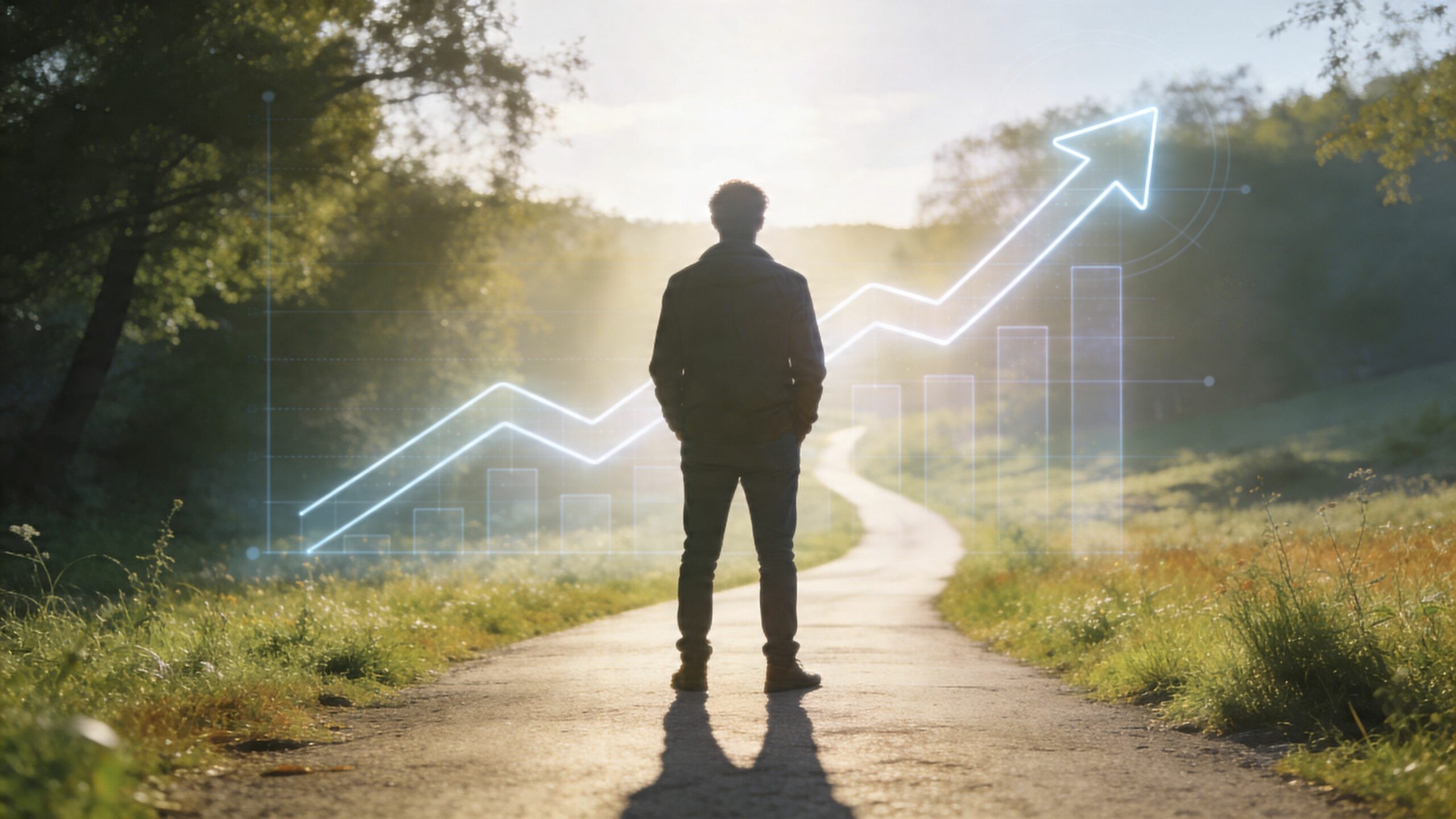 Une personne vue de dos regardant un chemin avec un graphique de croissance numérique en arrière-plan.