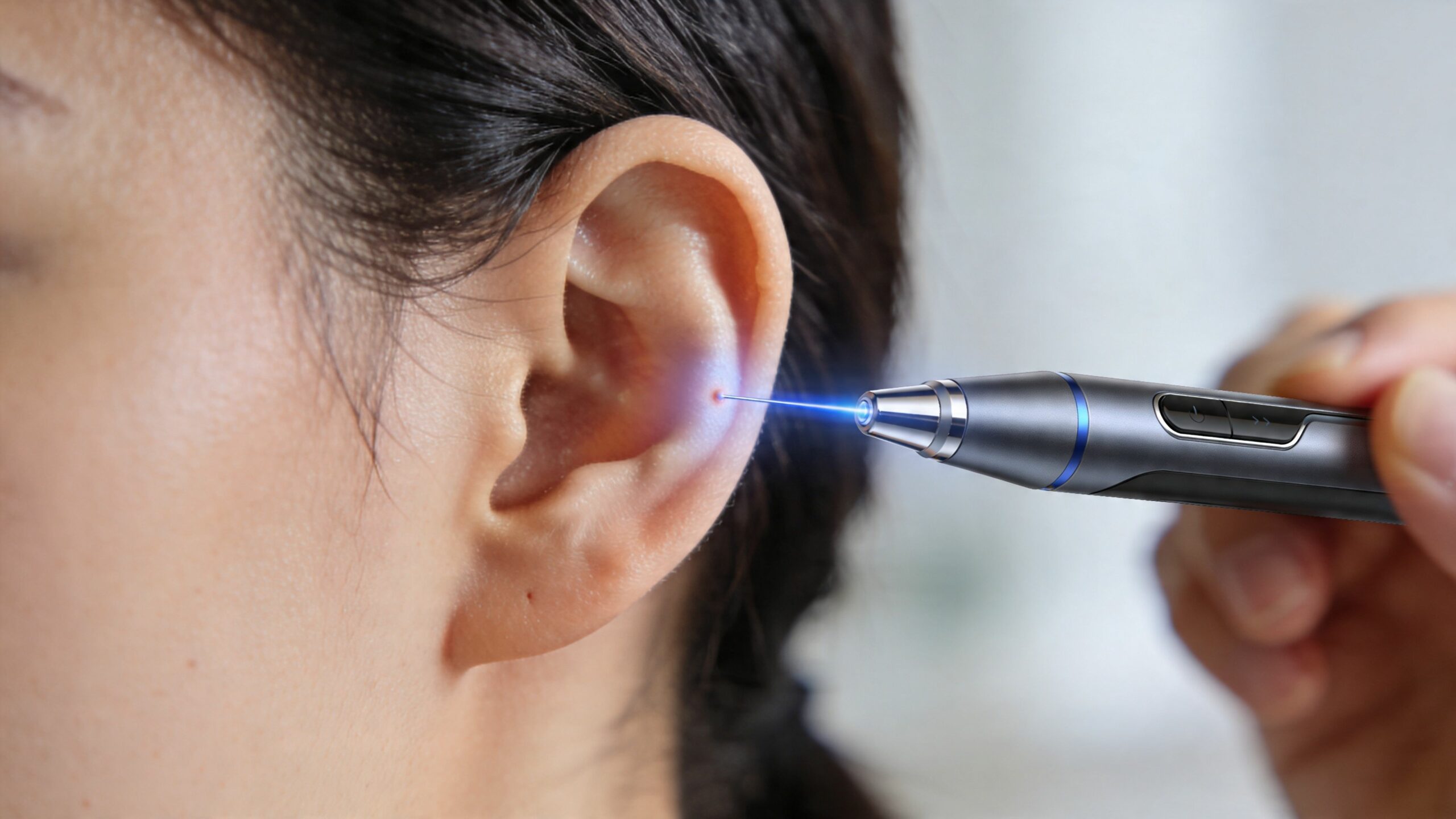 Une personne utilisant un stylo laser pour une séance d'auriculothérapie sur le pavillon de l'oreille.