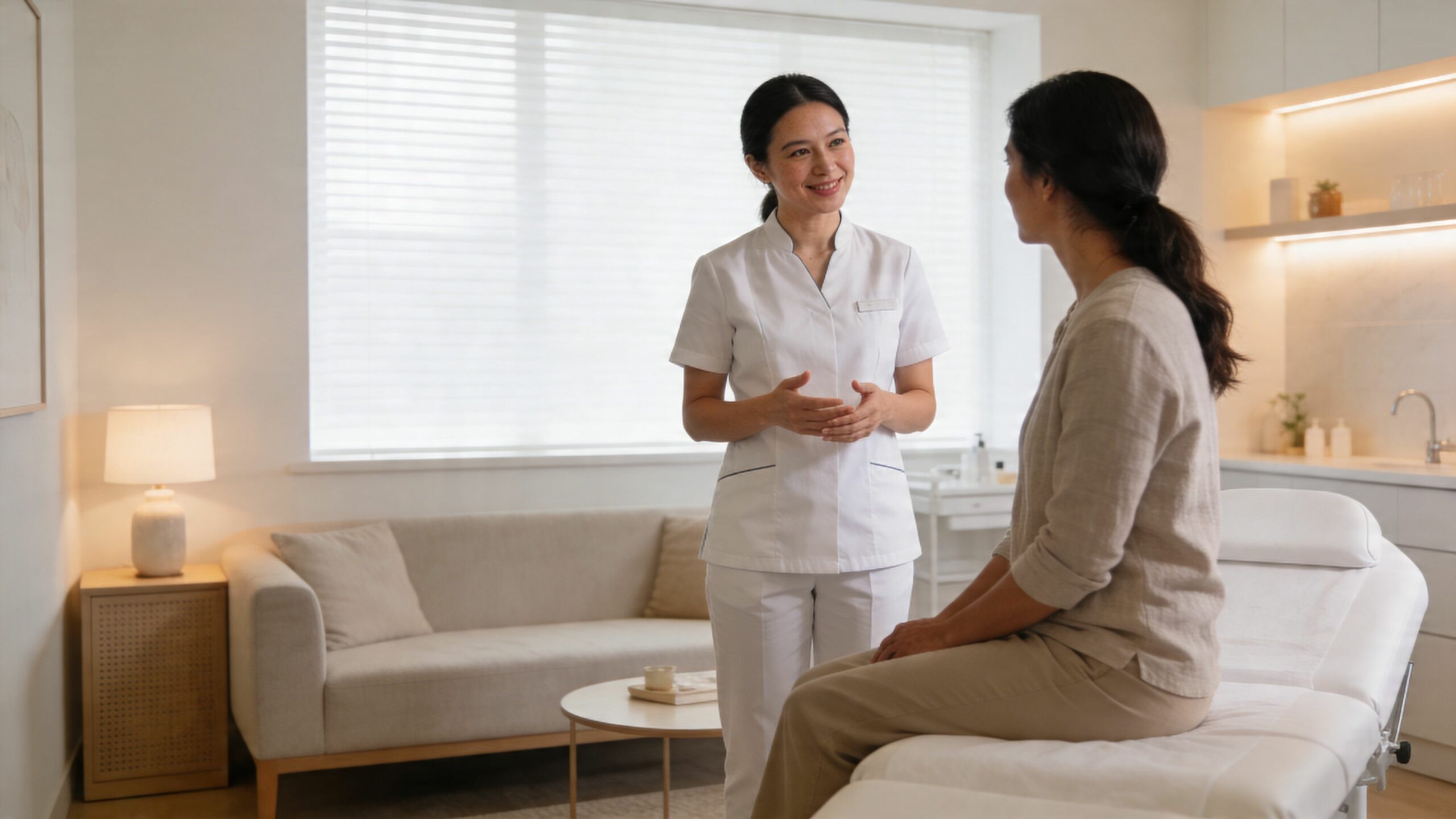 Une praticienne de santé en blouse blanche conseille une patiente assise sur une table d'examen médicale.