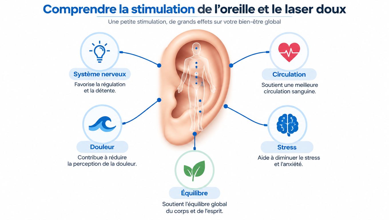 Schéma explicatif des bienfaits de l'auriculothérapie et du laser doux sur différentes parties du corps humain.