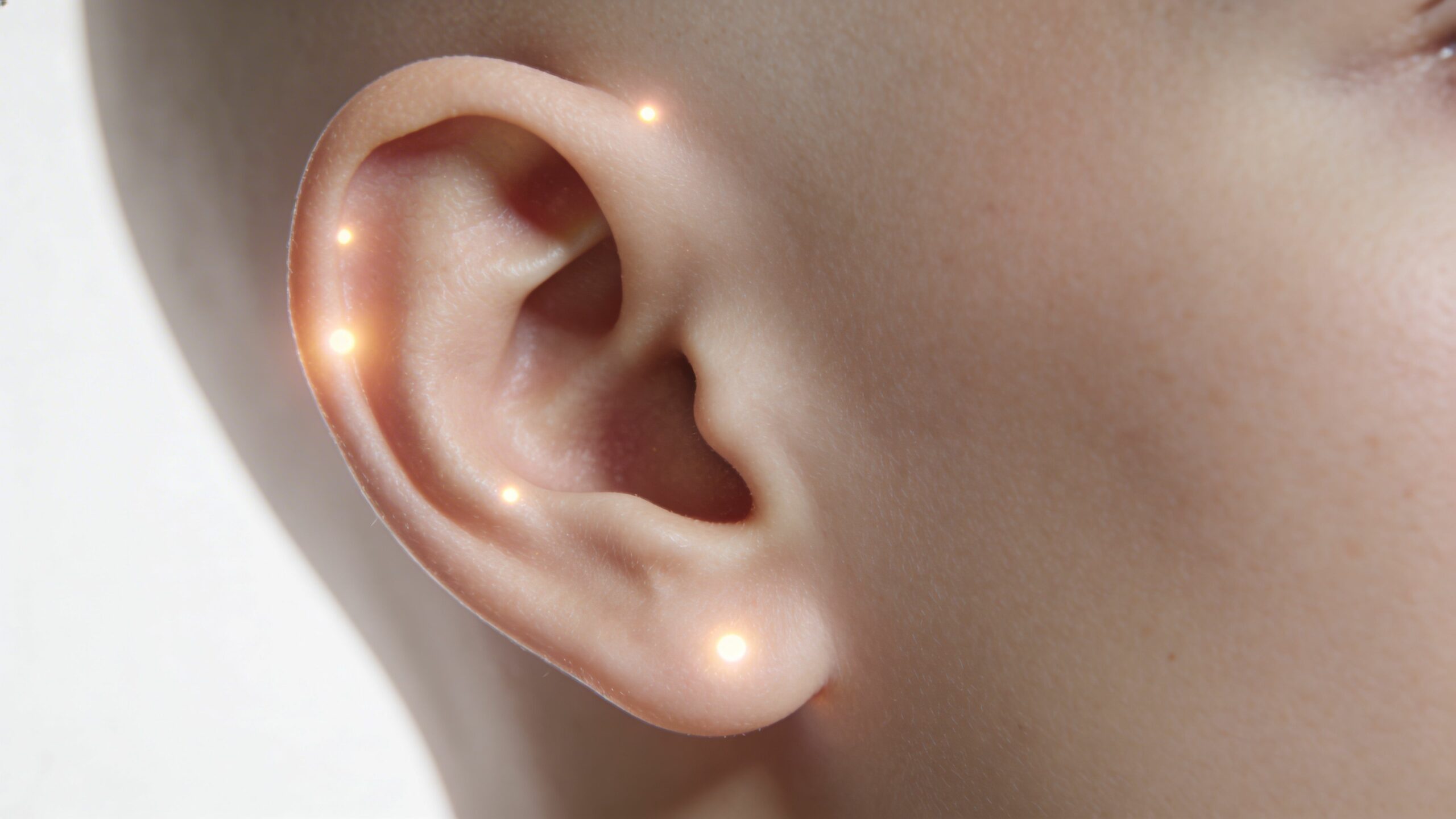 Vue rapprochée d'une oreille humaine avec des points lumineux mis en évidence pour l'auriculothérapie.