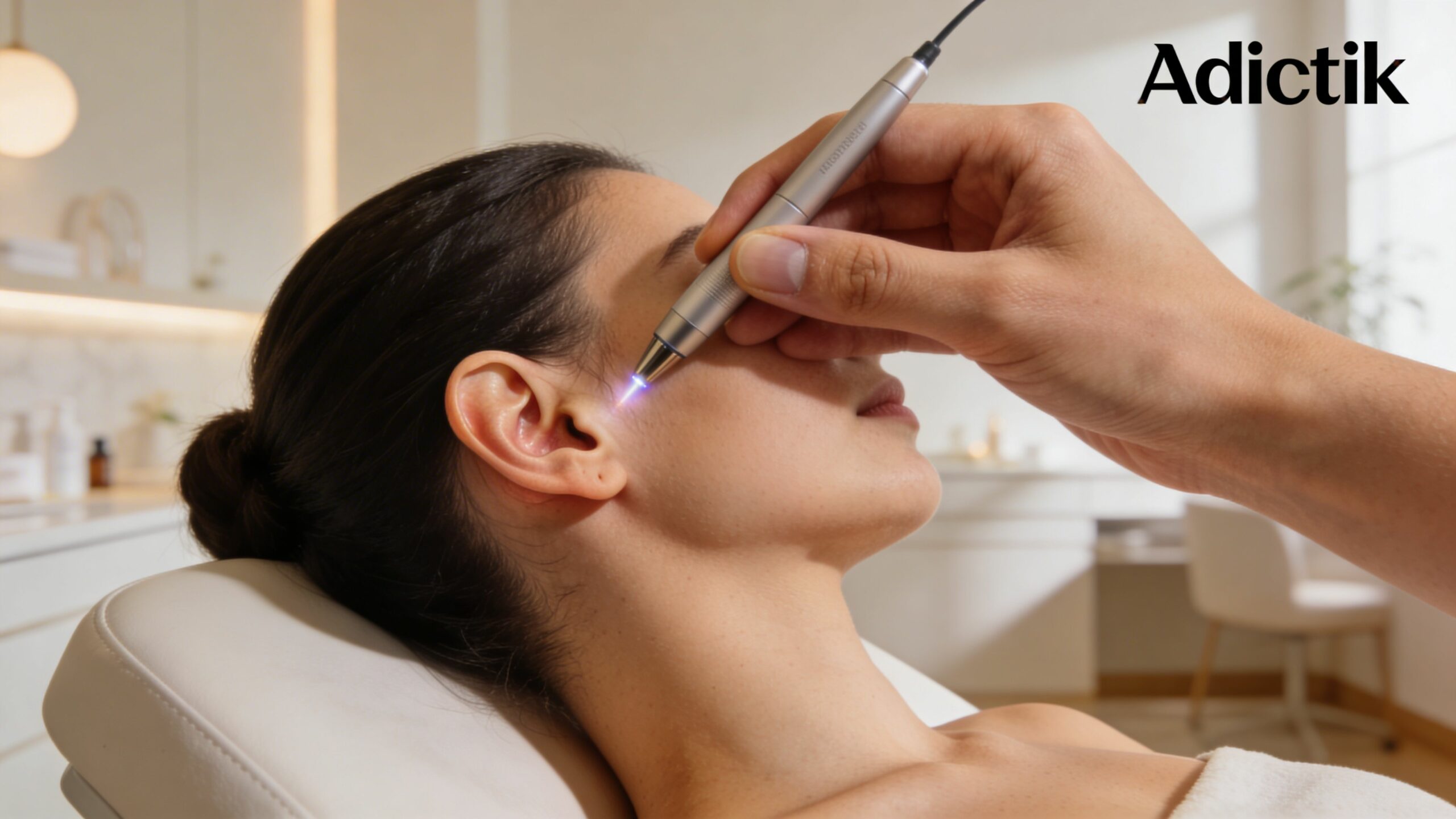 Une praticienne effectue un traitement par auriculothérapie au laser sur l'oreille d'une patiente en cabinet médical.