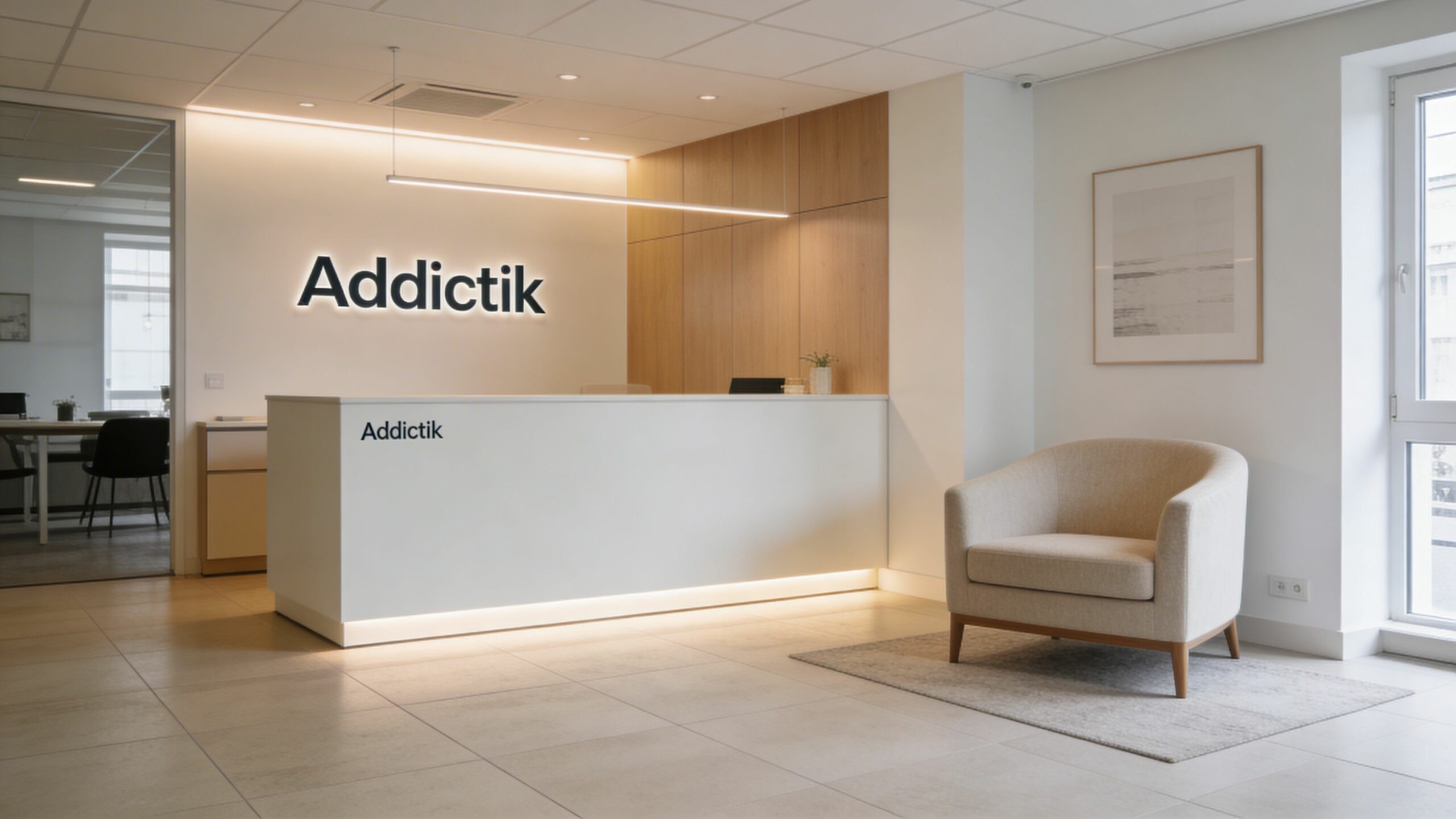 Zone de réception moderne et lumineuse avec un comptoir blanc, un fauteuil confortable et le logo Addictik