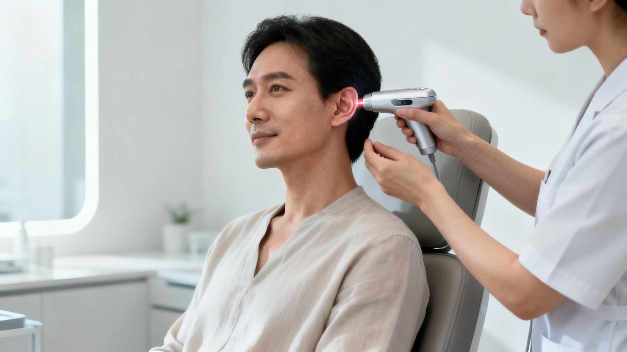 Un homme reçoit un traitement d'auriculothérapie au laser sur l'oreille, administré par une professionnelle de la santé.