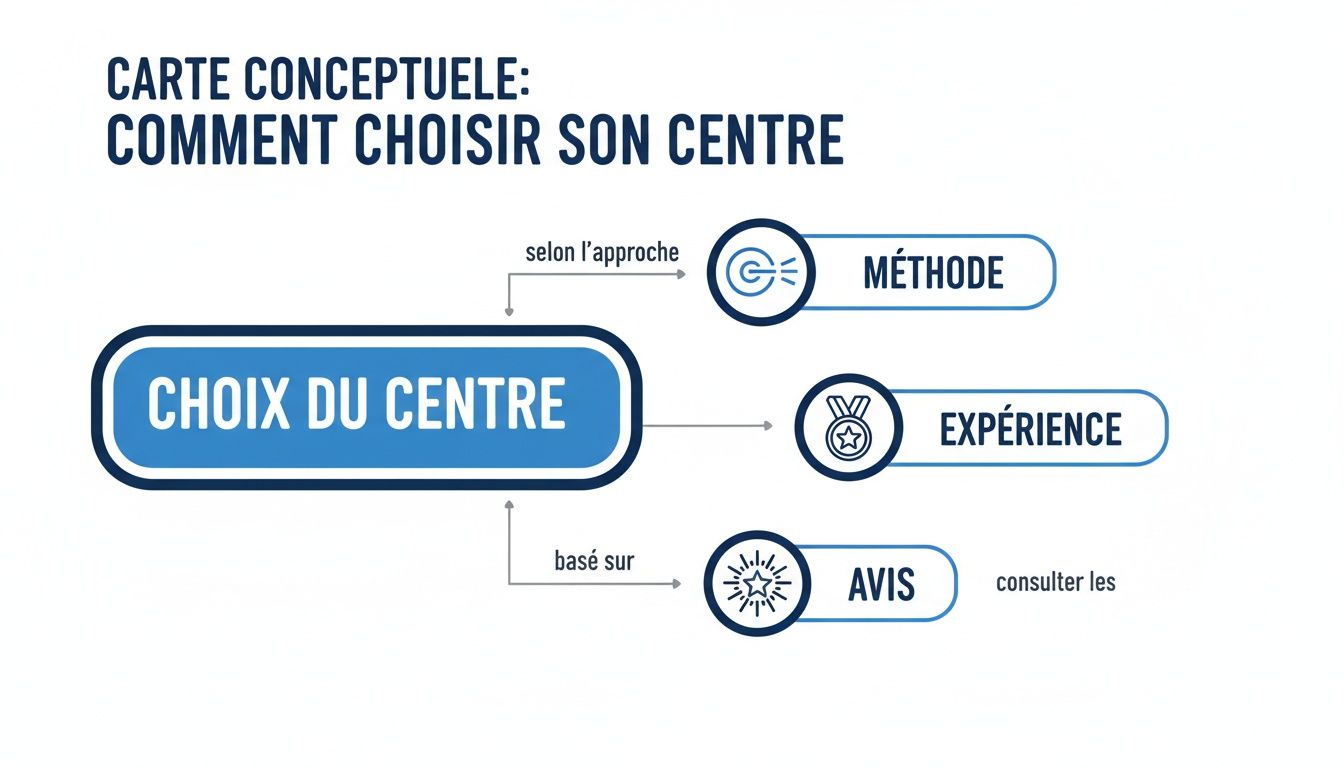 Carte conceptuelle expliquant comment choisir un centre, basée sur la méthode, l'expérience et les avis des utilisateurs.